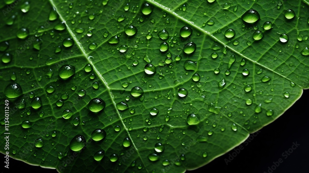 Detailed Close Up Image of a Single Lush Green Leaf with Visible Water Droplets and Stomata Highlighting the Process in Plants Detailed Close Up Image of a Single Lush Green Leaf with Visible Water Droplets and Stomata Highlighting the Process in Plants