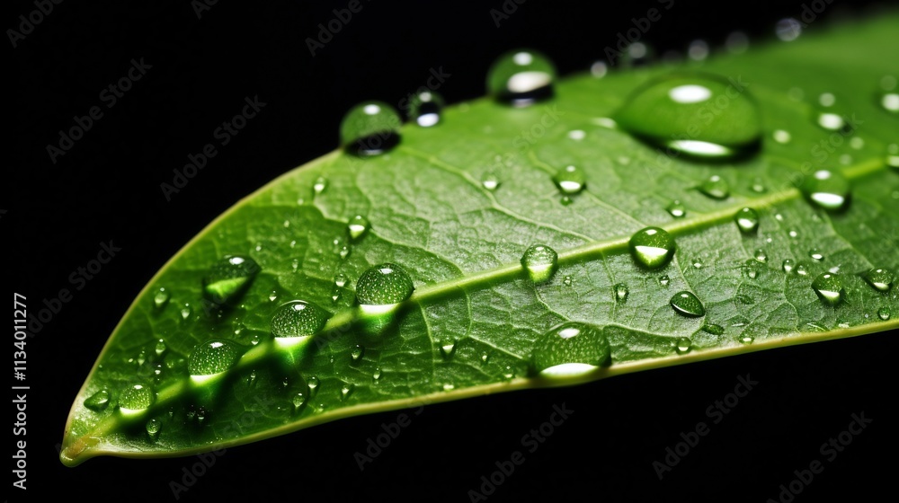 Stunning macro photograph of a single green leaf with visible water droplets highlighting the natural process that occurs in plant foliage Stunning macro photograph of a single green leaf with visible water droplets highlighting the natural process that occurs in plant foliage