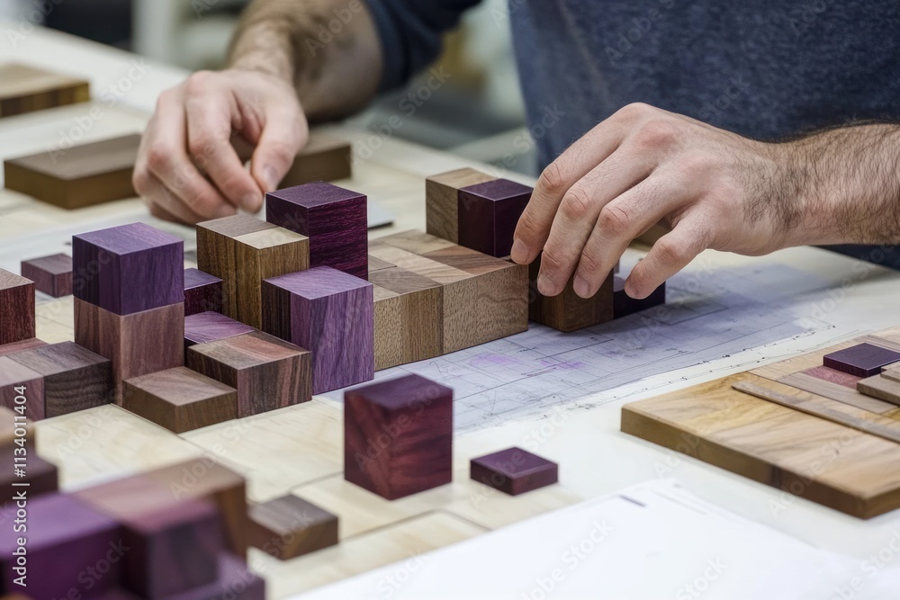 Craftsman assembling colorful wooden blocks on a table. Craftsman assembling colorful wooden blocks on a table.