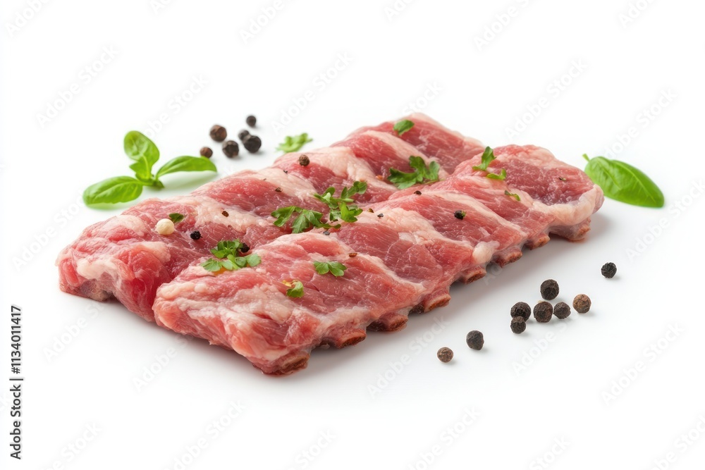 Raw pork ribs seasoned with pepper and herbs. Raw pork ribs seasoned with pepper and herbs.