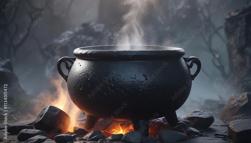 Black stone cauldron with steaming hot water and eerie mist, mystical steam, black stone cauldron brewing potion Black stone cauldron with steaming hot water and eerie mist, mystical steam, black stone cauldron brewing potion