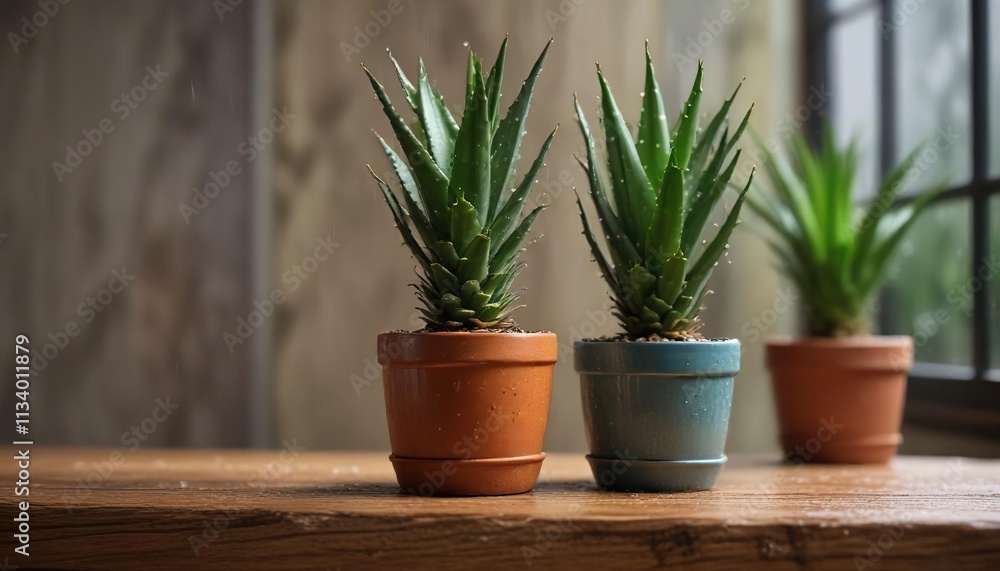 Fototapeta premium A small, terracotta or ceramic aloe vera plant pot on a wooden table or shelf in the rain, indoor plants, wooden furniture