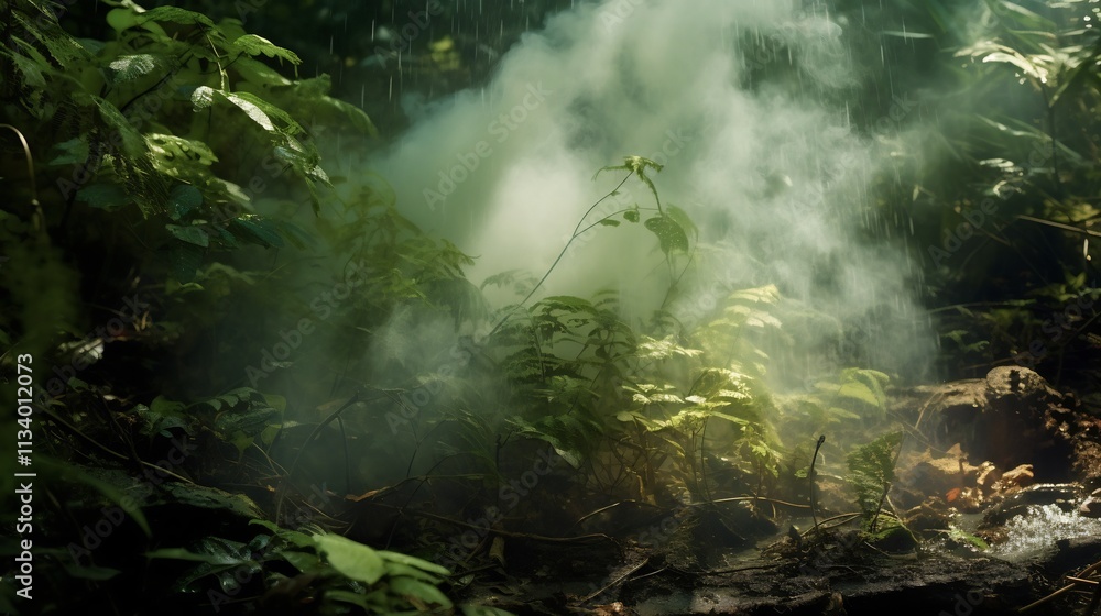 Evaporating water vapors rising from the damp mossy forest floor symbolizing the natural and water cycle processes within a lush green ecosystem Evaporating water vapors rising from the damp mossy forest floor symbolizing the natural and water cycle processes within a lush green ecosystem