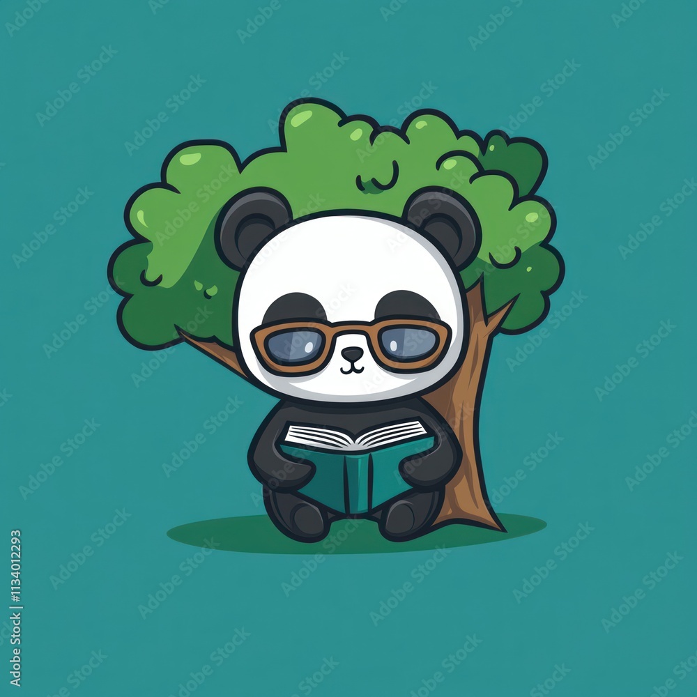 Cute panda wearing glasses reading a book under a tree. (1) Cute panda wearing glasses reading a book under a tree. (1)