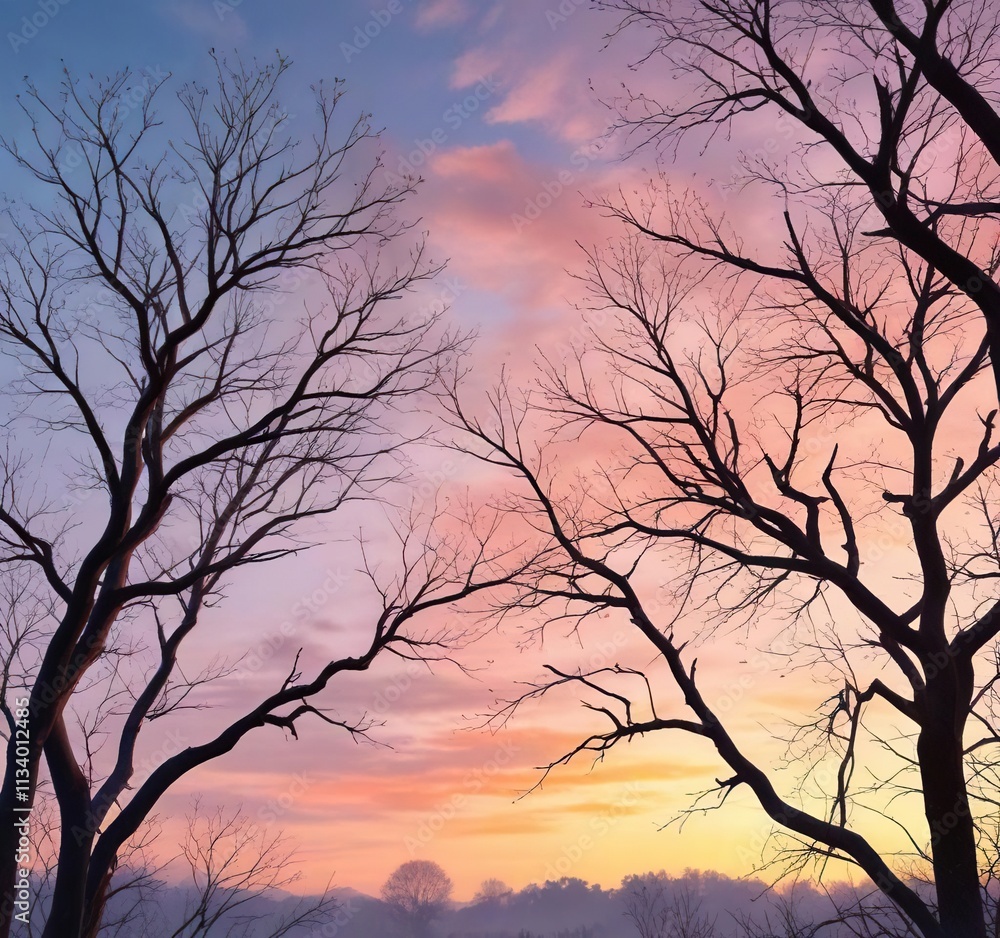 Aquarelle painting with bare tree branches and clear sky, serene atmosphere, tree, aquarelle Aquarelle painting with bare tree branches and clear sky, serene atmosphere, tree, aquarelle
