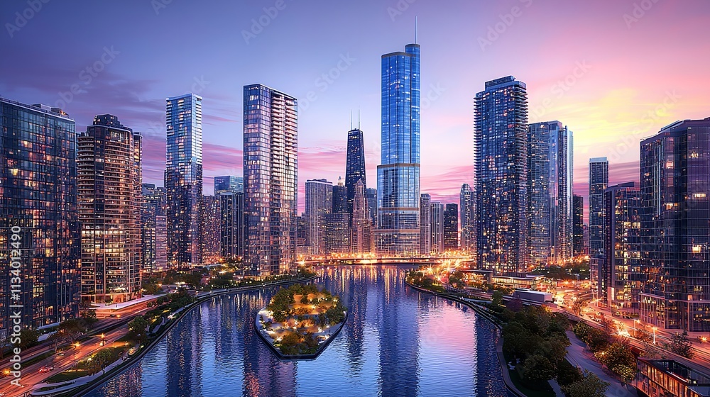 Fototapeta premium Downtown Chicago Cityscape with Skyscrapers and Skyline at Sunset