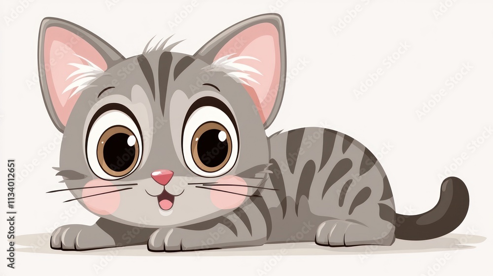 Adorable grey tabby kitten lying down, big eyes, happy expression. Adorable grey tabby kitten lying down, big eyes, happy expression.