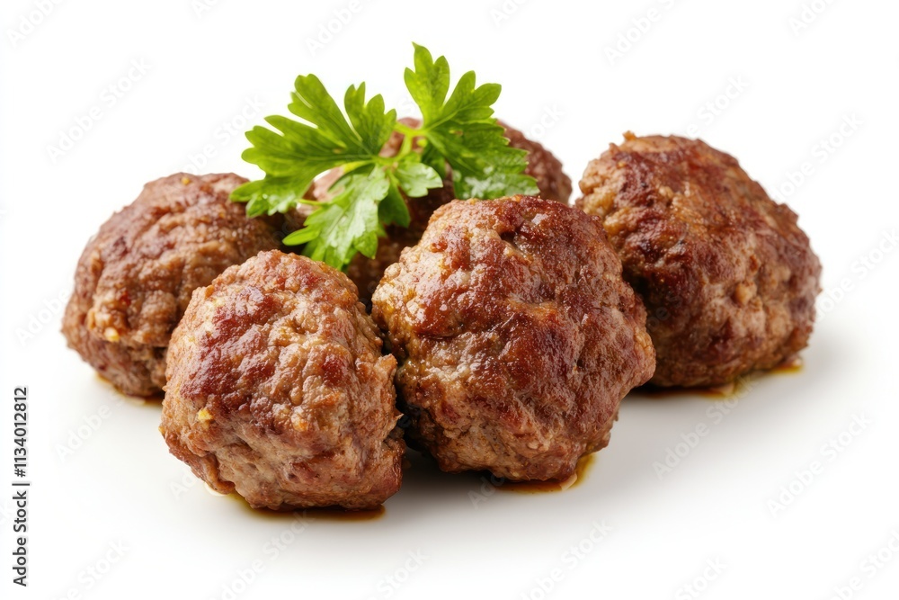 Close-up of five delicious, browned meatballs garnished with fresh parsley, isolated on white background. Close-up of five delicious, browned meatballs garnished with fresh parsley, isolated on white background.
