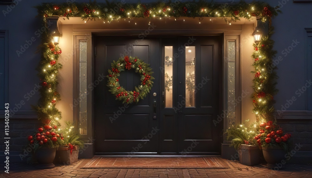 Warmly lit entrance with a festive Christmas wreath and lush greenery surrounding the door, Winter Landscape, Entryway Warmly lit entrance with a festive Christmas wreath and lush greenery surrounding the door, Winter Landscape, Entryway