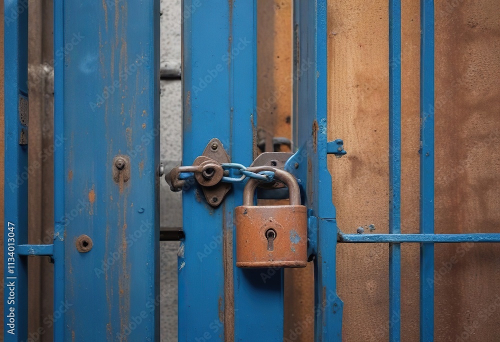 Blue metal door with rusty chain and padlock on a metal gate, secure door, blue metal door, entrance Blue metal door with rusty chain and padlock on a metal gate, secure door, blue metal door, entrance