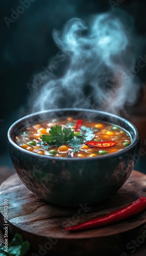 A steaming bowl of soup garnished with herbs and chili, showcasing warmth and comfort.