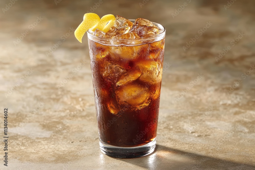 Iced cola drink in tall glass with lemon twist. Iced cola drink in tall glass with lemon twist.