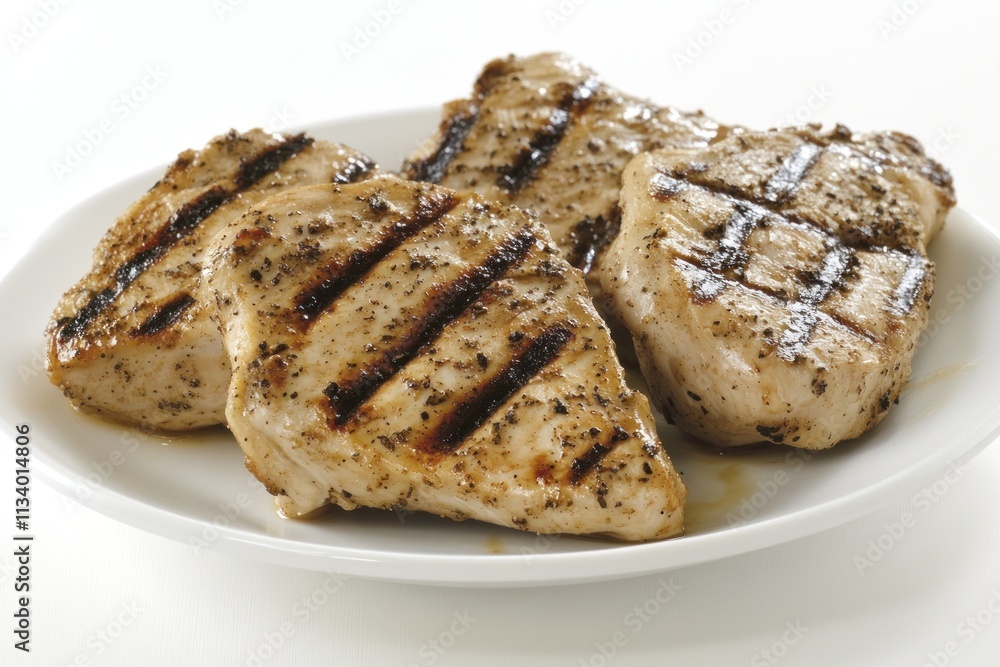 Grilled chicken breasts on a white plate. Grilled chicken breasts on a white plate.