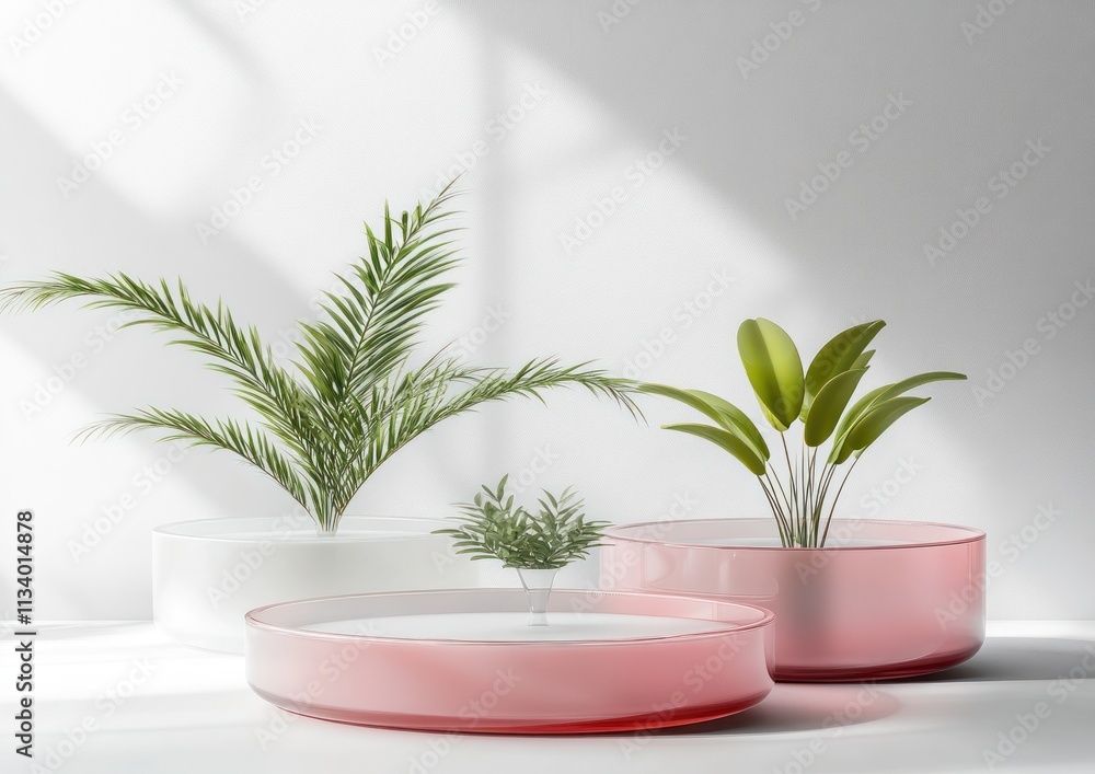 Minimalist scene with plants in pink and white bowls on white background. Minimalist scene with plants in pink and white bowls on white background.