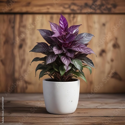 Small decorative white pot with purple-veined Wandering Jew houseplant on wooden textured surface, white pot, indoor decor photo