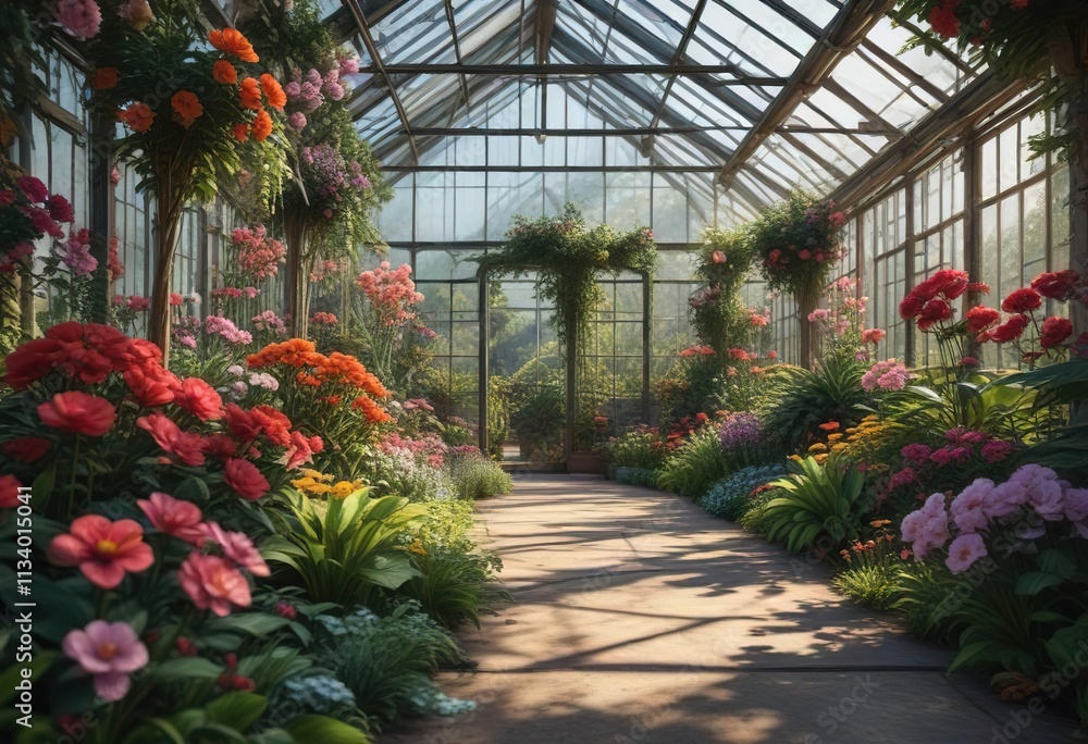 A serene atmosphere filled with blooming flowers and lush greenery inside a greenhouse, calming environment, blooming flowers A serene atmosphere filled with blooming flowers and lush greenery inside a greenhouse, calming environment, blooming flowers