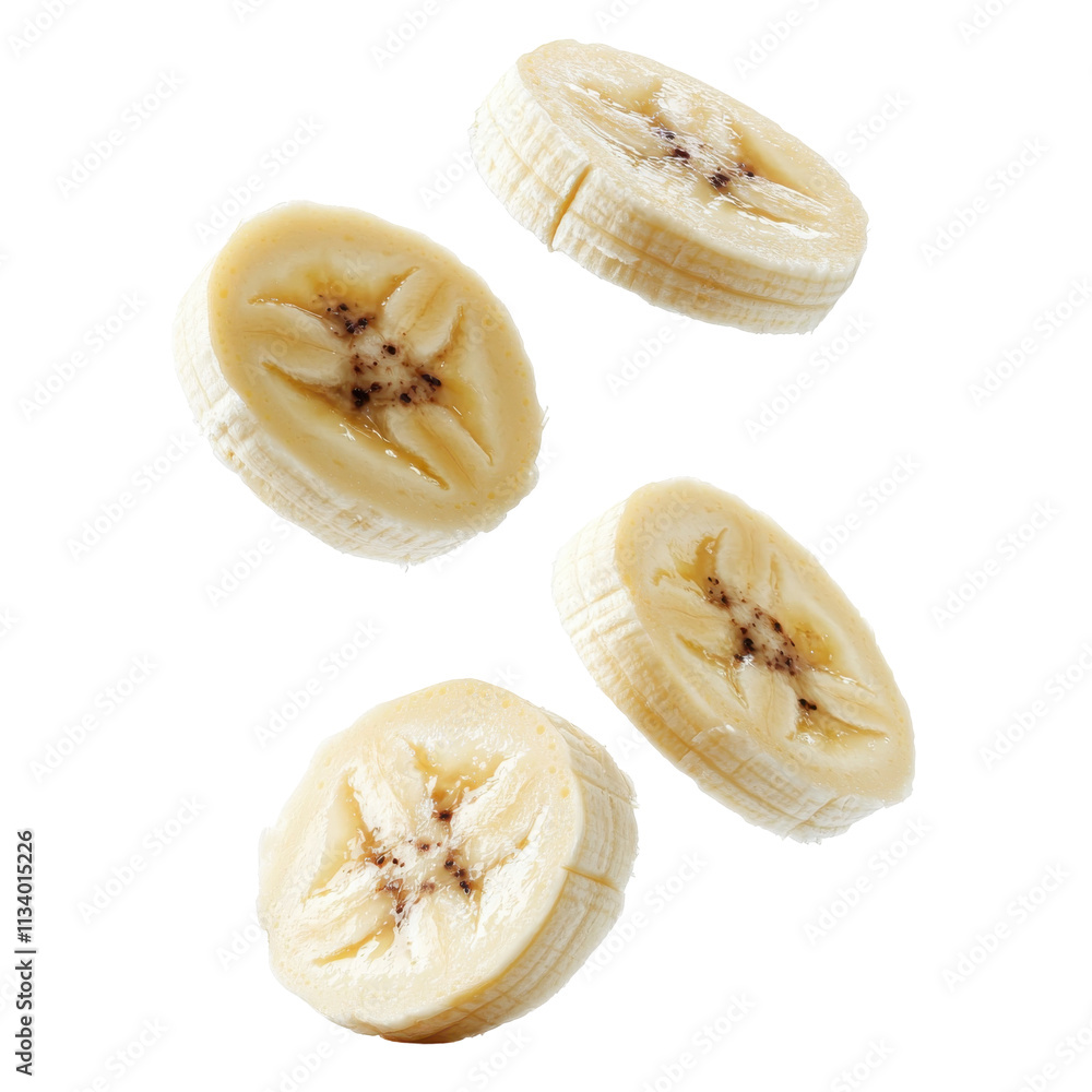 Banana Slices Falling Isolated on PNG Transparent Background Banana Slices Falling Isolated on PNG Transparent Background