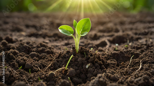Green sprout growing from fertile soil, symbolizes growth, renewal, hope, and resilience