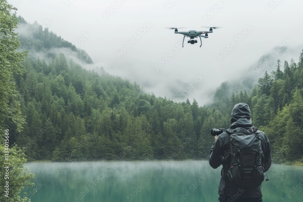Photographer using drone to capture misty mountain lake scenery. Photographer using drone to capture misty mountain lake scenery.