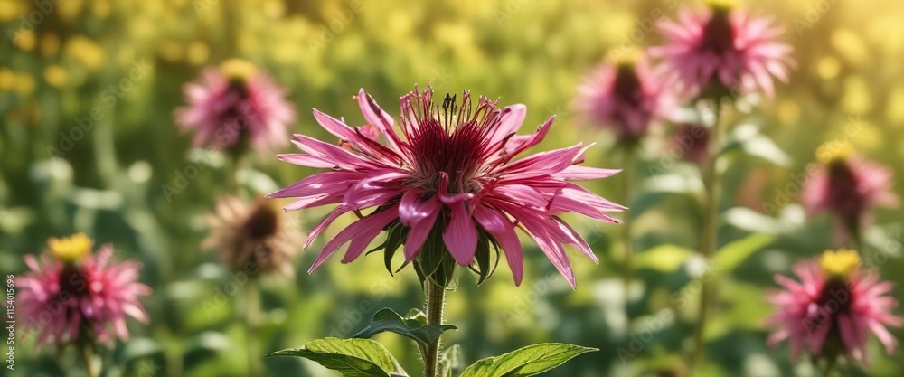 Bee balm flower in full bloom against a soft yellow background , herb, garden Bee balm flower in full bloom against a soft yellow background , herb, garden