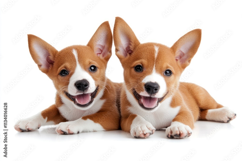 Two adorable brown and white puppies lying down, smiling happily against a white background. Two adorable brown and white puppies lying down, smiling happily against a white background.