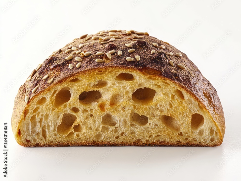 A cross-section of a sesame-topped bread loaf, showcasing its airy interior. A cross-section of a sesame-topped bread loaf, showcasing its airy interior.