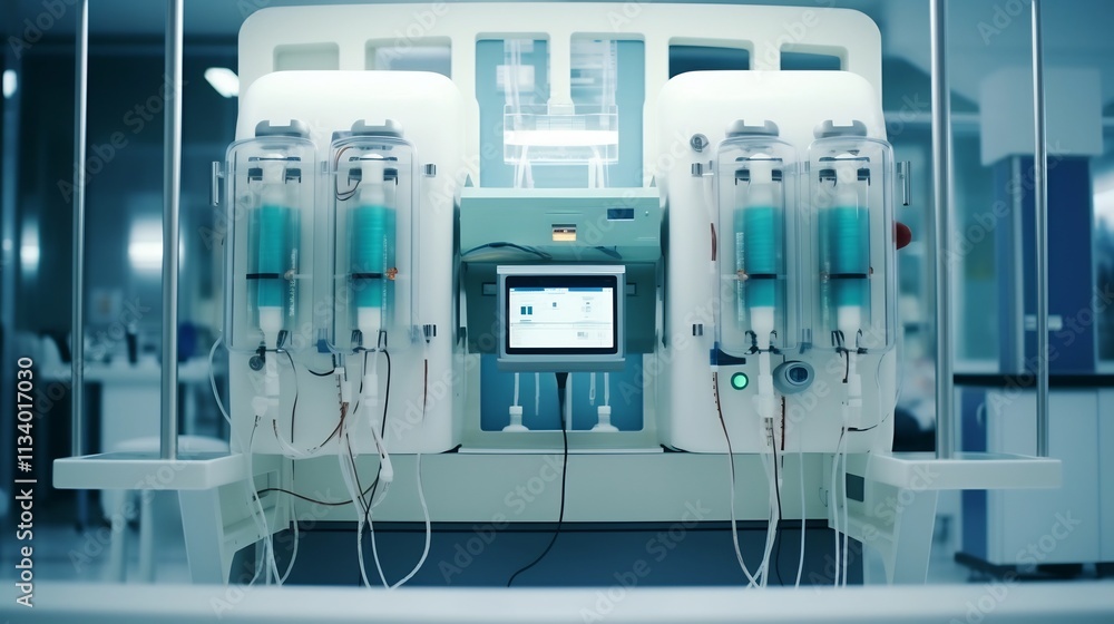 Closeup view of a minimalistic clean and modern setup of dialysis equipment and tubing for medical treatment and kidney care Closeup view of a minimalistic clean and modern setup of dialysis equipment and tubing for medical treatment and kidney care