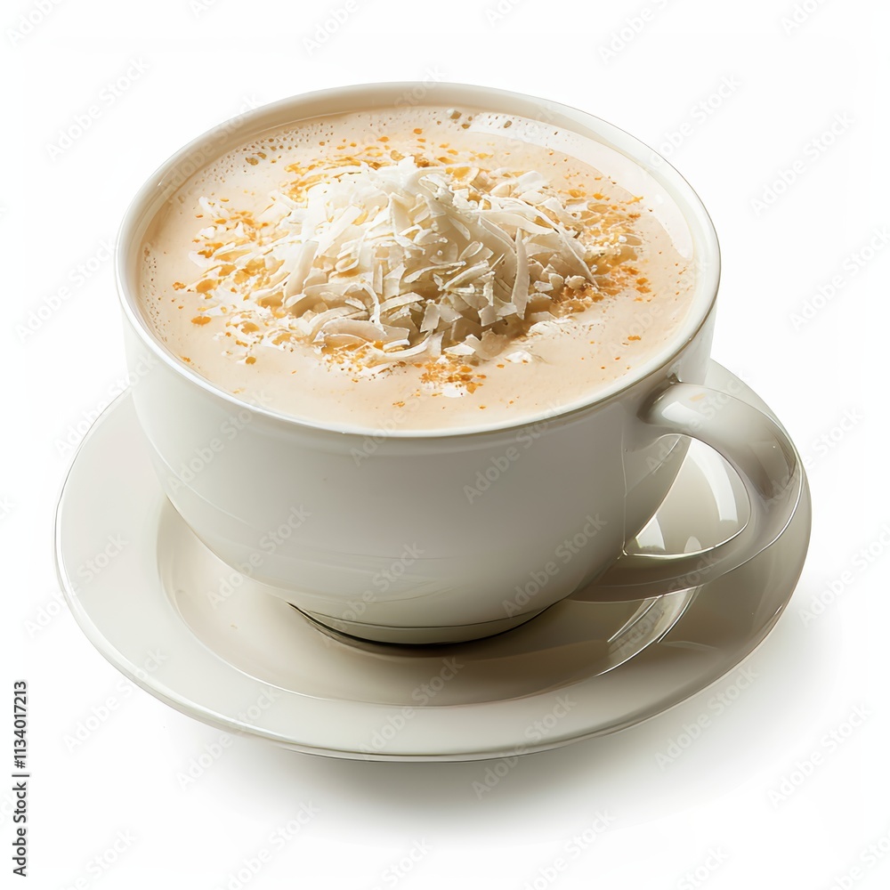 A creamy coconut milk latte with a dusting of coconut flakes on top, served in a white ceramic cup, isolated white background A creamy coconut milk latte with a dusting of coconut flakes on top, served in a white ceramic cup, isolated white background