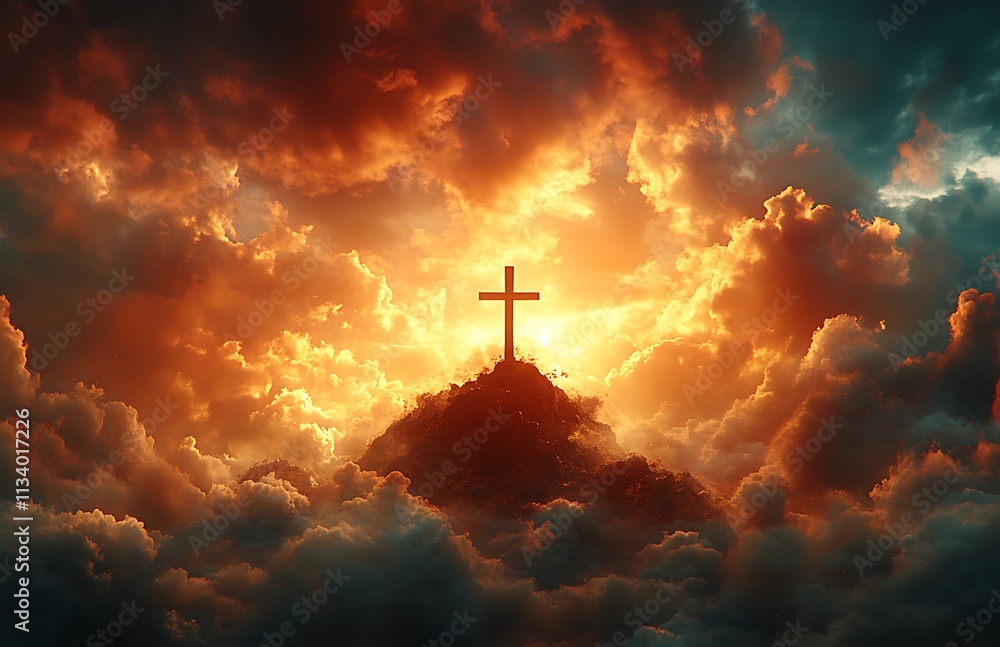 Cross Silhouette on a Mountaintop Amidst Fiery Clouds Cross Silhouette on a Mountaintop Amidst Fiery Clouds