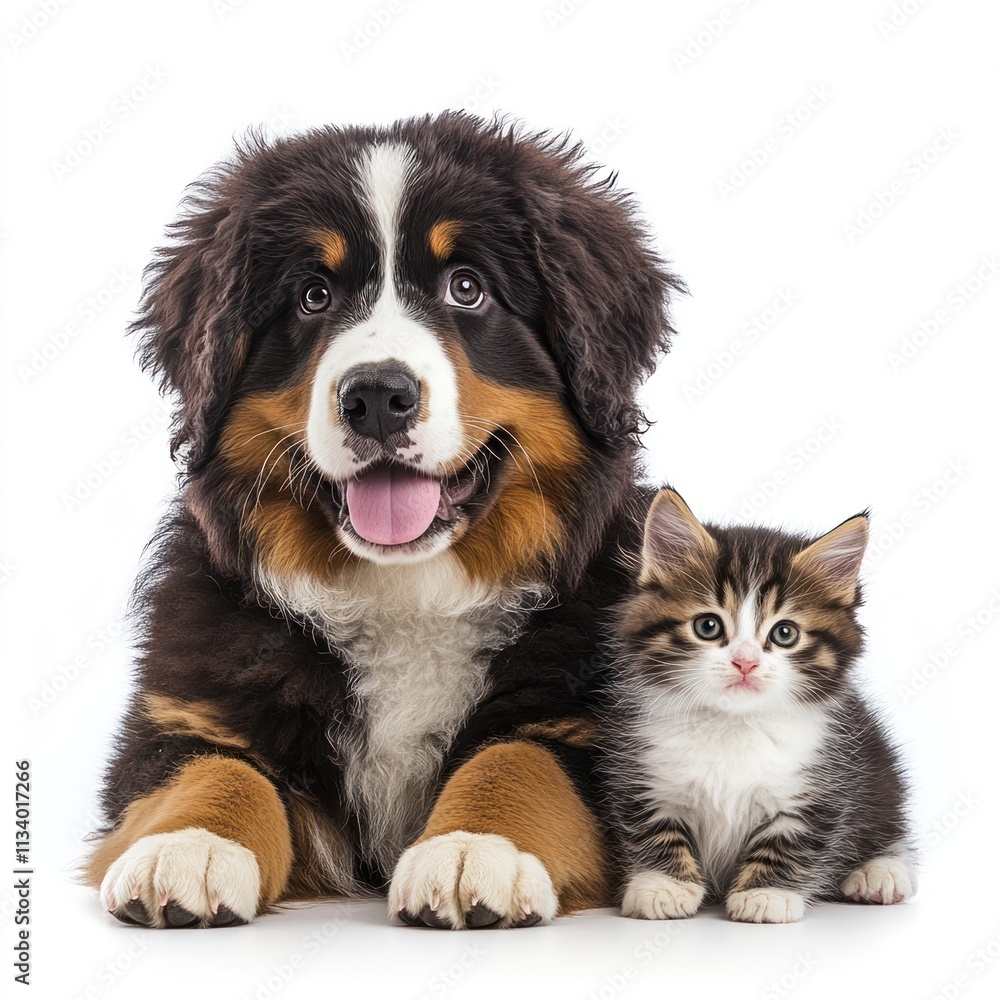 Happy puppy and kitten posing together on white background. Happy puppy and kitten posing together on white background.
