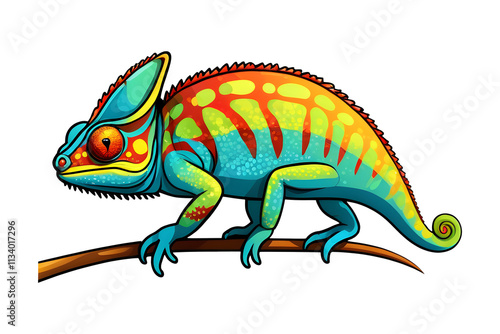 Chameleon cartoon on branch isolated on transparent background.