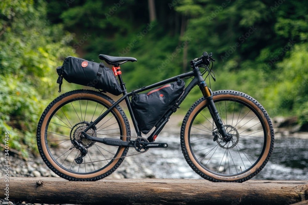 Black gravel bike with panniers rests on a wooden bridge by a stream in a forest. Black gravel bike with panniers rests on a wooden bridge by a stream in a forest.