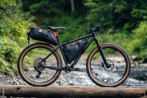 Black gravel bike with panniers rests on a wooden bridge by a stream in a forest.