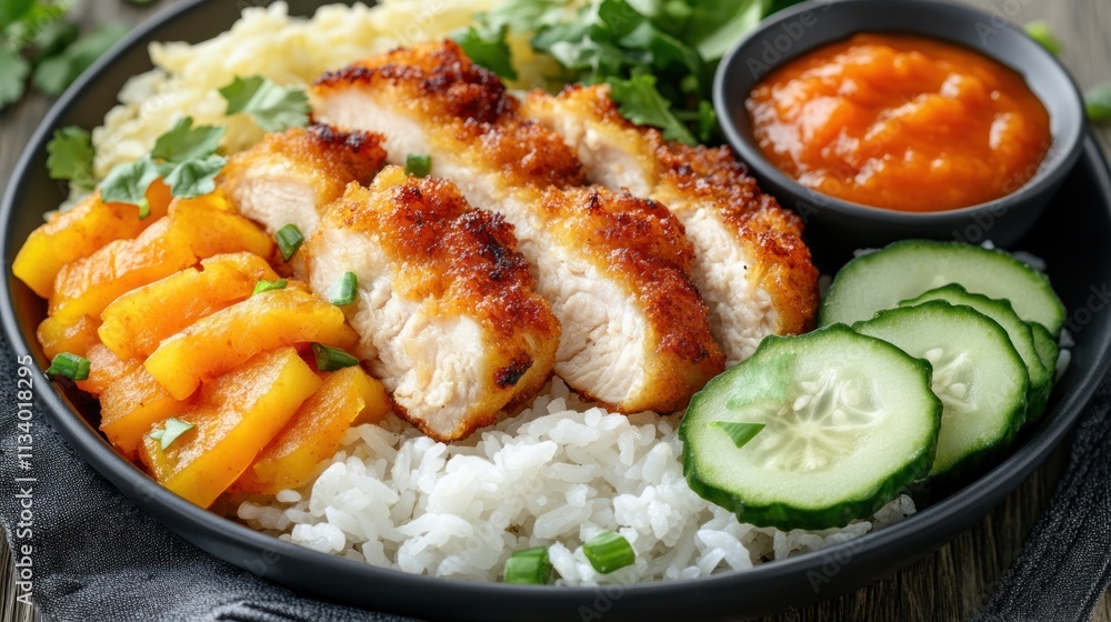 A delicious meal featuring rice, grilled chicken, cucumbers, mango, and a spicy sauce. A delicious meal featuring rice, grilled chicken, cucumbers, mango, and a spicy sauce.