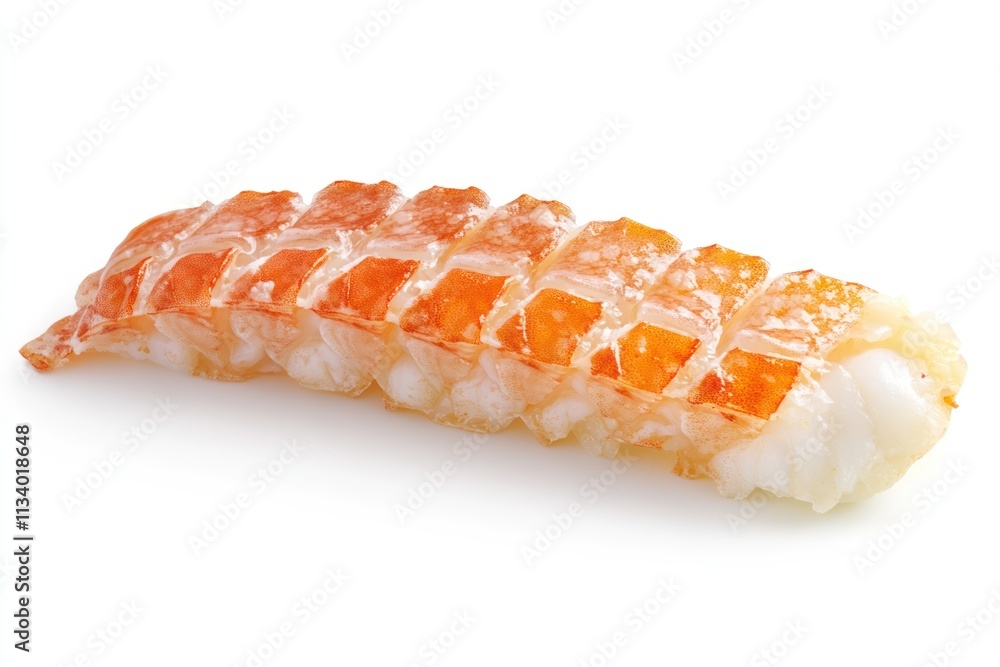 Close-up of a piece of cooked lobster tail, sliced into segments, isolated on a white background. Close-up of a piece of cooked lobster tail, sliced into segments, isolated on a white background.