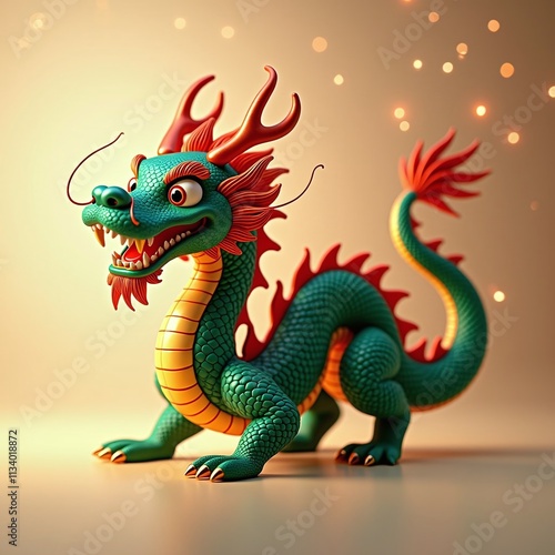 A vibrant green dragon with golden accents on a red background, symbolizing power and tradition.