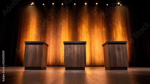 A stage setup featuring three wooden podiums against a dynamic golden backdrop, perfect for events like debates, speeches, or award ceremonies, It's ideal for promoting discussions and presentations, photo