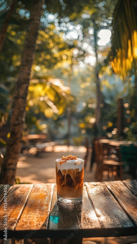 A refreshing drink sits on a wooden table amidst a lush, tropical environment. A refreshing drink sits on a wooden table amidst a lush, tropical environment.