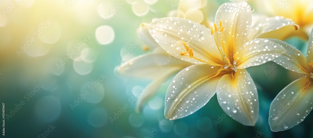 Dewy white lilies bloom on bokeh background. Dewy white lilies bloom on bokeh background.