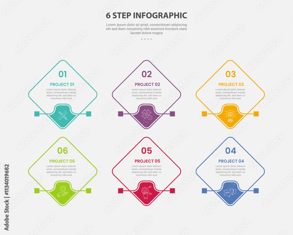 6 points template infographic outline style with 6 point step template with diamond shape rotated square with footer badge for slide presentation 6 points template infographic outline style with 6 point step template with diamond shape rotated square with footer badge for slide presentation