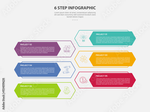 6 points template infographic outline style with 6 point step template with long hexagon shape opposite direction for slide presentation