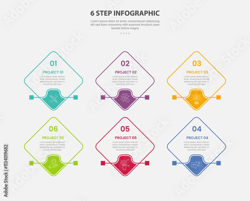 6 points template infographic outline style with 6 point step template with diamond shape rotated square with footer badge for slide presentation