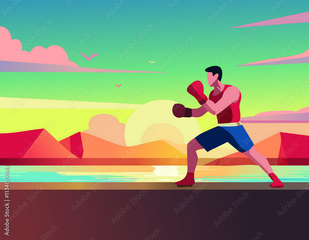 Vibrant Artwork of a Boxer Training Outdoors at Sunrise with Stunning Colors Vibrant Artwork of a Boxer Training Outdoors at Sunrise with Stunning Colors