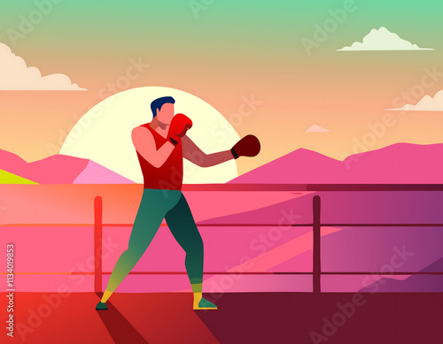 Abstract Boxer Illustration in Action with a Sunset-lit Mountainous Landscape