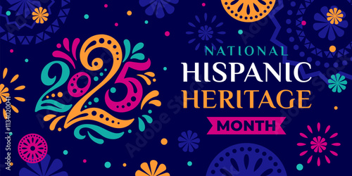 Hispanic heritage month 2025. Vector web banner, poster, card for social media, networks. Greeting with national Hispanic heritage month text, ornament on blue background. Logo 2025.