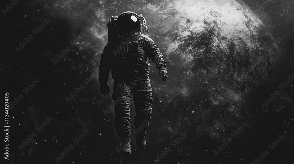 Astronaut floating in space earth in background digital art cosmic environment dramatic viewpoint exploration concept