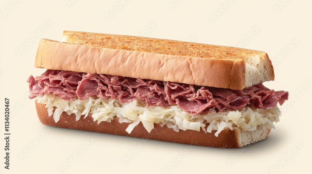 Delicious toasted sub with thinly sliced corned beef and sauerkraut. Perfect for menus, blogs, or advertising food businesses.