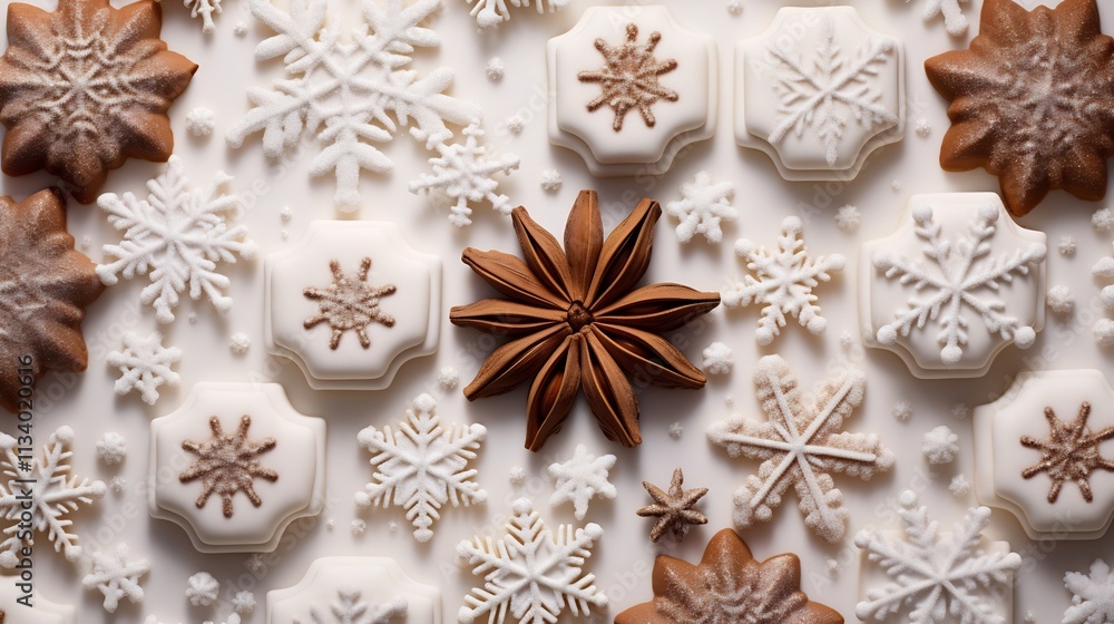 Artfully arranged marshmallow snowflakes set against a pristine white backdrop with decorative cocoa dust patterns creating a festive winter inspired scene Artfully arranged marshmallow snowflakes set against a pristine white backdrop with decorative cocoa dust patterns creating a festive winter inspired scene