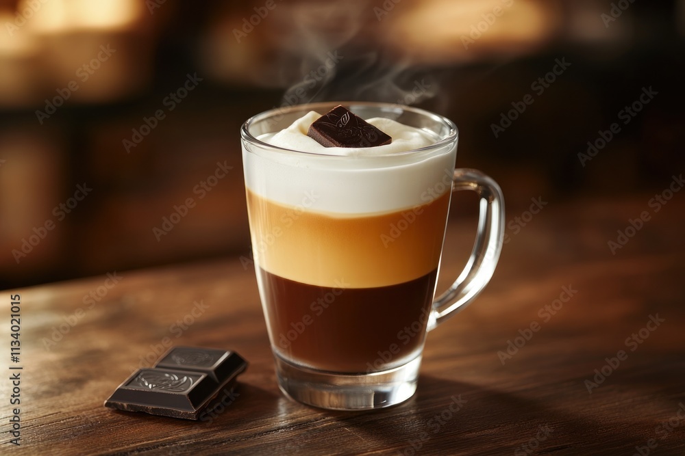 Layered coffee drink in a glass mug with whipped cream and chocolate. Layered coffee drink in a glass mug with whipped cream and chocolate.