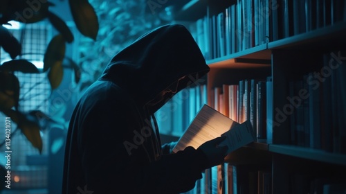 mysterious figure reading in a dark library